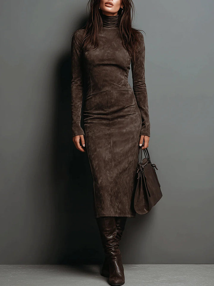 Midi dress with long sleeves made of suede with a high neckline