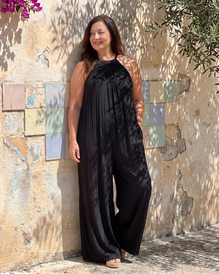 Sylvara | Pleated Halter Neck Wide Leg Relaxed Jumpsuit