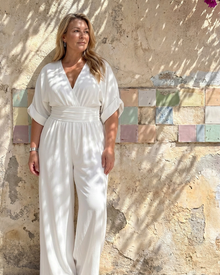 Emene | Draped V Neck Wide Leg Relaxed Jumpsuit