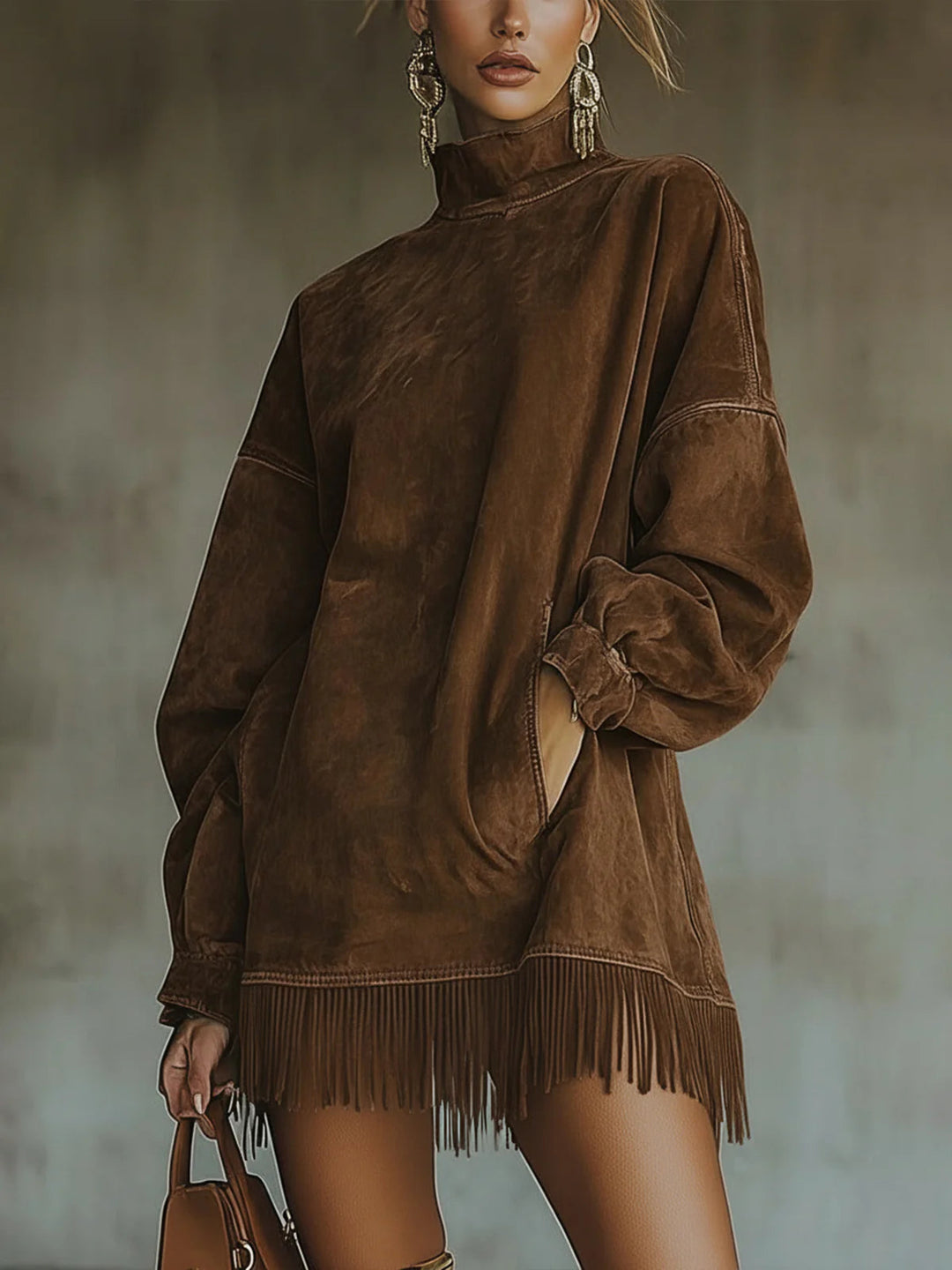 Faux Suede Dress with Collar and Fringe