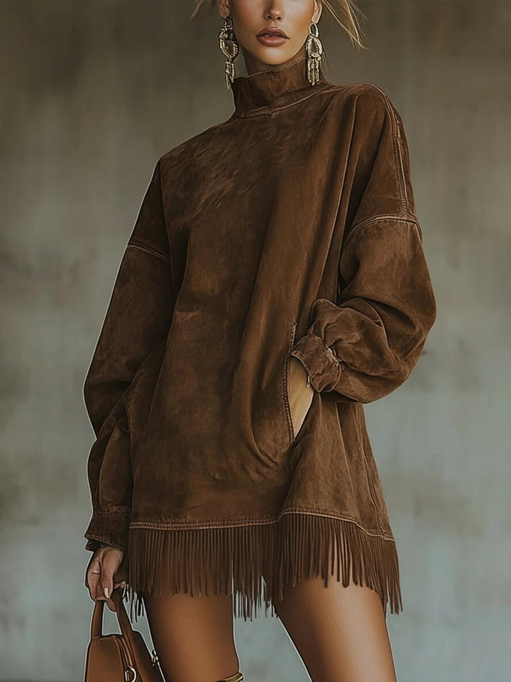 Faux Suede Dress with Collar and Fringe