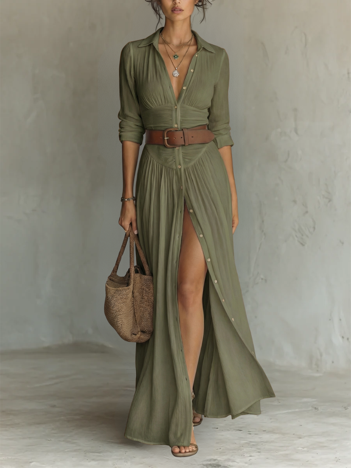 ESSENTIAL - Long Maxi Dress with Notched Collar and Long Sleeves for Women