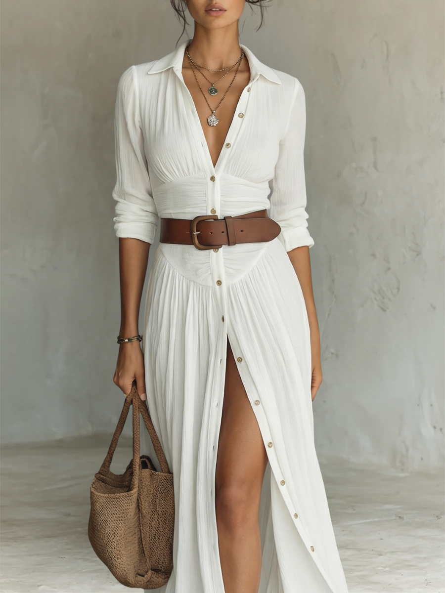 Monique | Robe Maxi Lin Plissée Col Revers