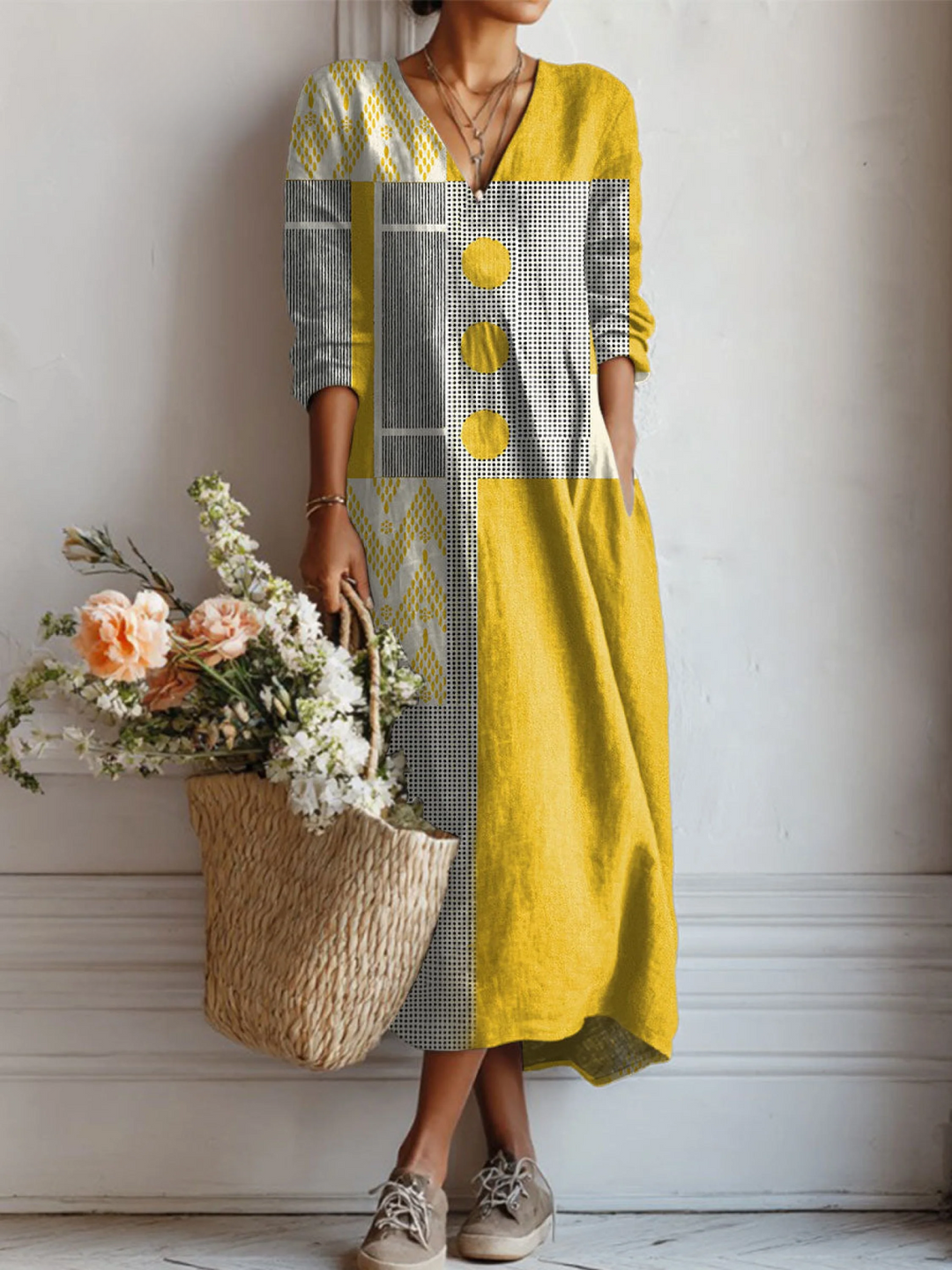 Women's Vintage Abstract Geometry  Art Print Linen Pocket Tunic Dress