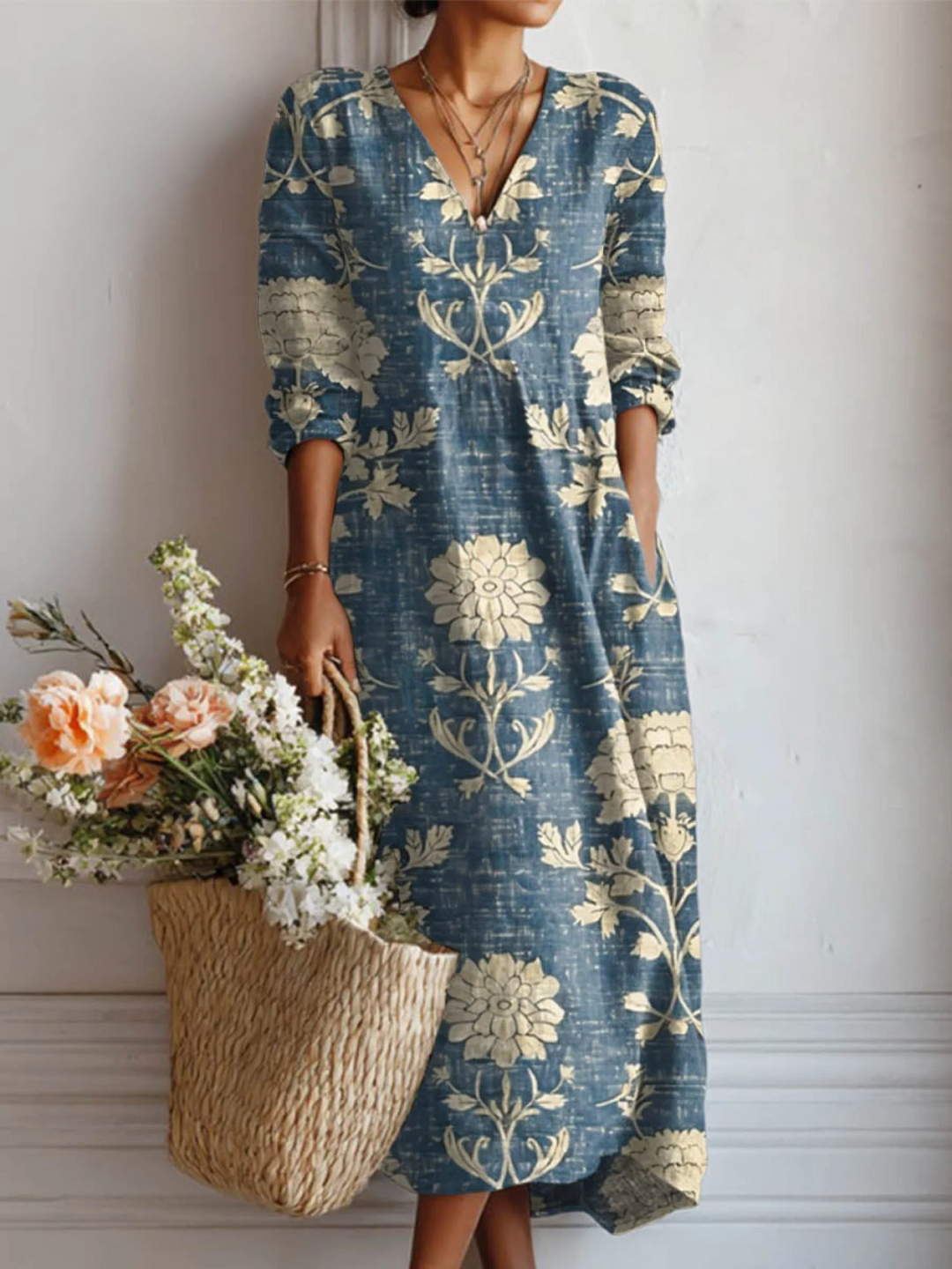 Women's Vintage Floral Pattern Art Print Cotton And Linen Pocket Dress