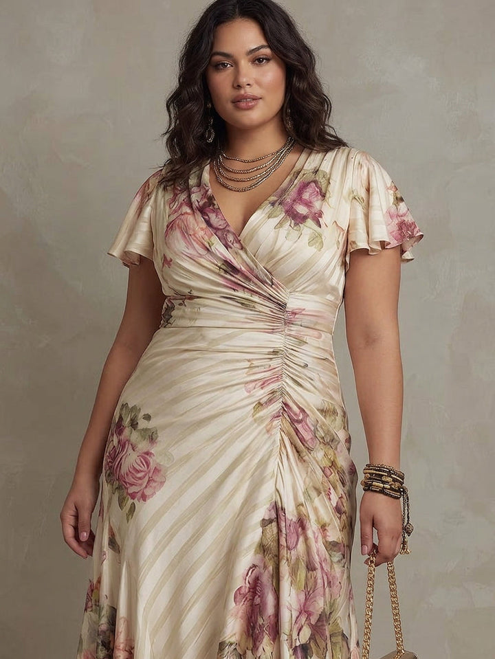 Margaret | Vintage Floral Satin Midi Dress