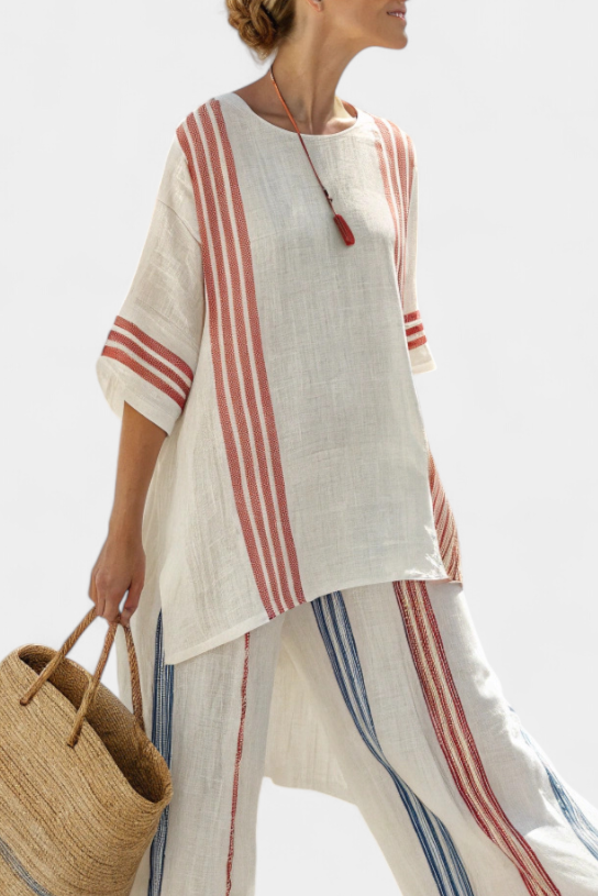 Ludovica – sophisticated multicolored striped top and Mediterranean pants