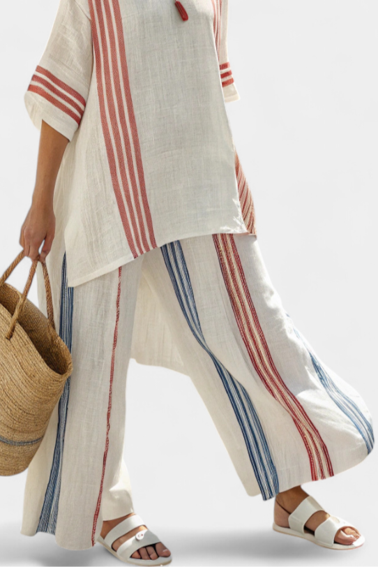 Ludovica – sophisticated multicolored striped top and Mediterranean pants