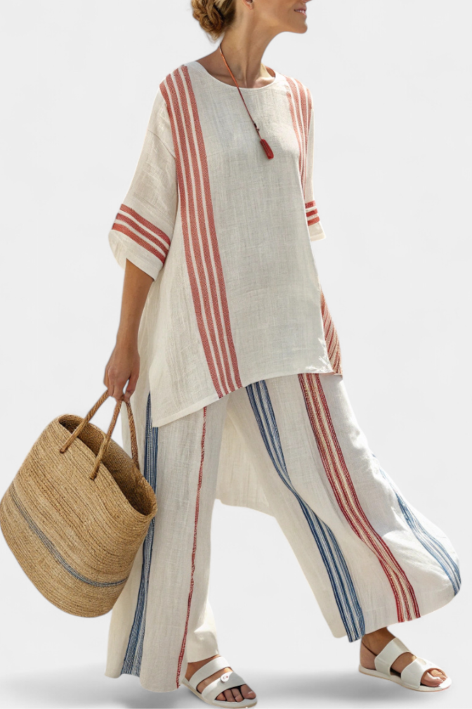 Ludovica – sophisticated multicolored striped top and Mediterranean pants