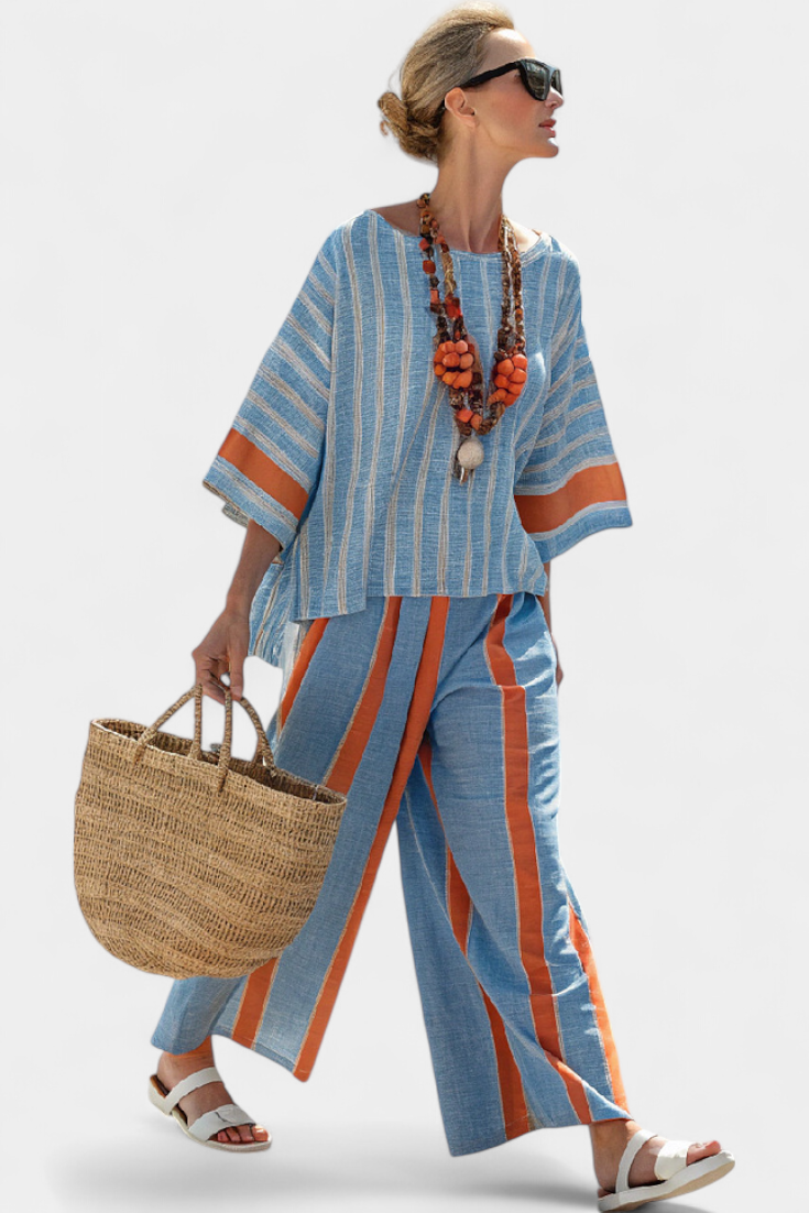 Valeria – sophisticated striped terracotta top and linen pants