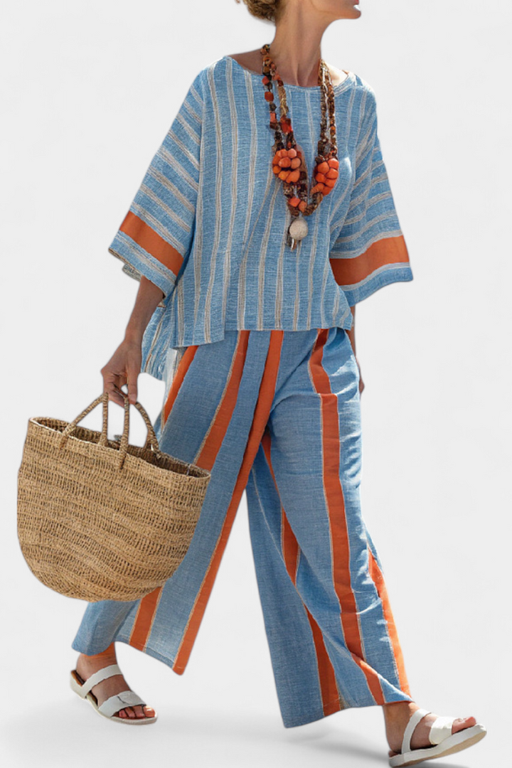 Valeria – sophisticated striped terracotta top and linen pants