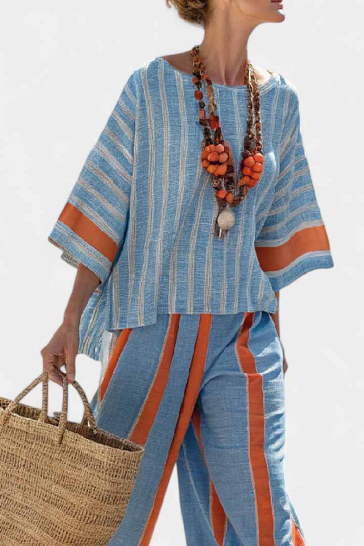 Valeria – sophisticated striped terracotta top and linen pants