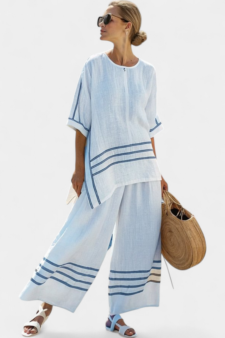Vittorina – sophisticated asymmetric striped top and bold pants