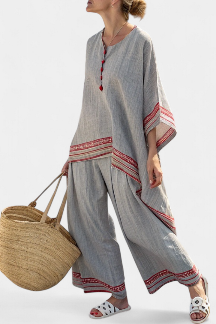Rossella – Sophisticated Asymmetrical Blouse and Wide-Leg Ethnic Pants