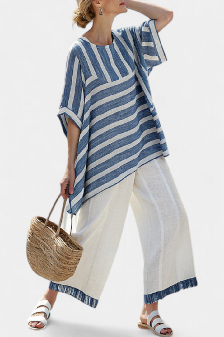 Ornella – sophisticated blue striped top and pants with details at the bottom