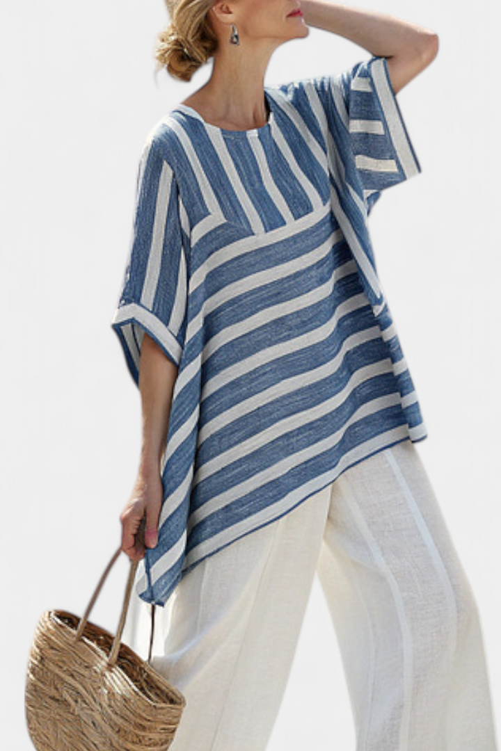 Ornella – sophisticated blue striped top and pants with details at the bottom