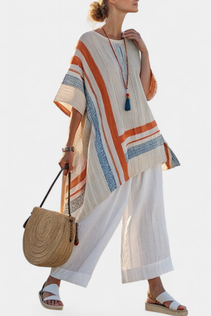 Loredana – sophisticated asymmetric blouse and wide-leg linen pants