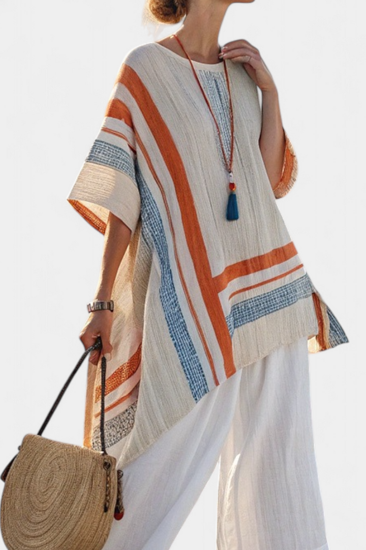 Loredana – sophisticated asymmetric blouse and wide-leg linen pants