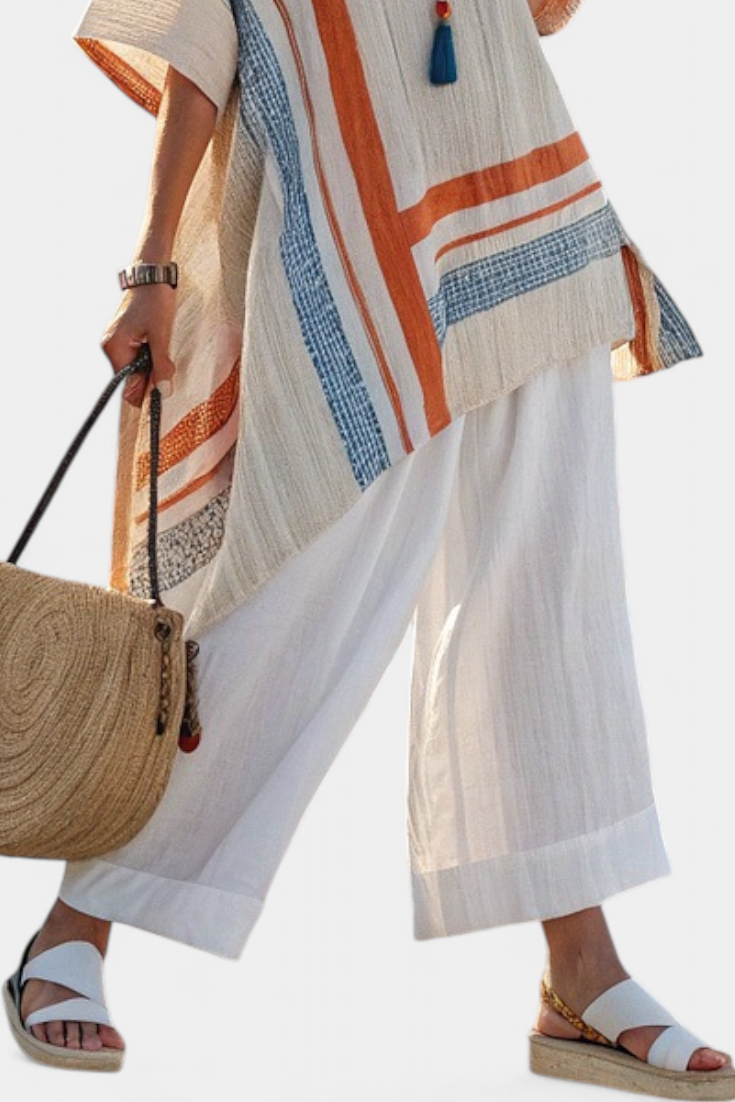 Loredana – sophisticated asymmetric blouse and wide-leg linen pants