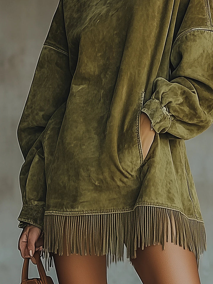 Faux Suede Dress with Collar and Fringe