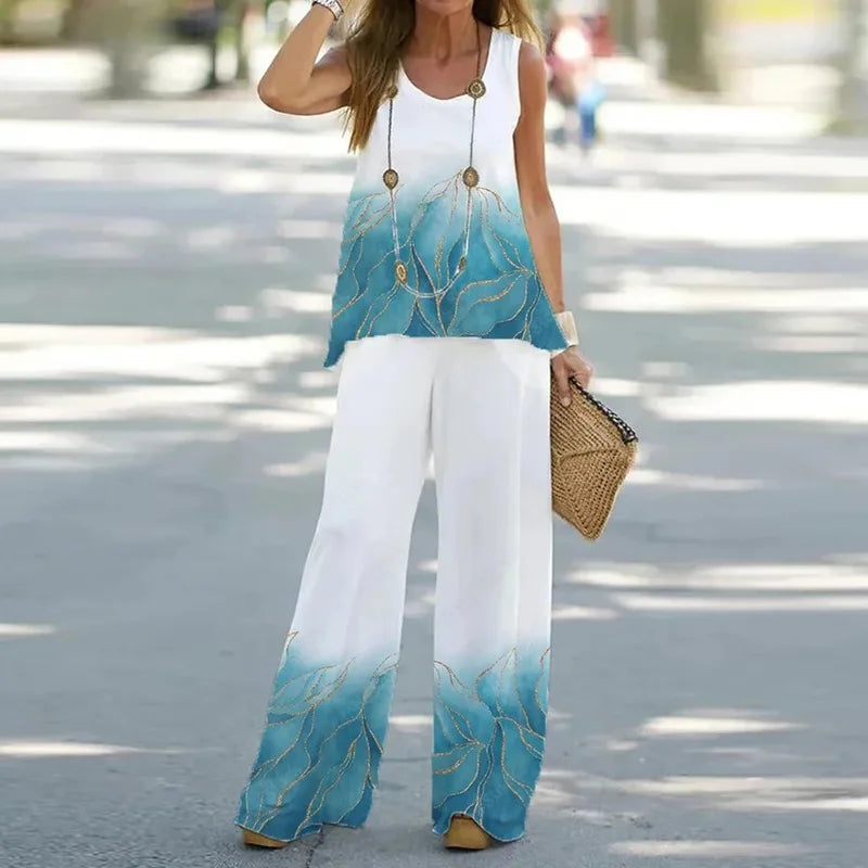 Women Print Suit Pullover Sleeveless Round Neck Top Wide Leg Pants Set Two Piece Set New Loose Casual Women's Clothing Summer