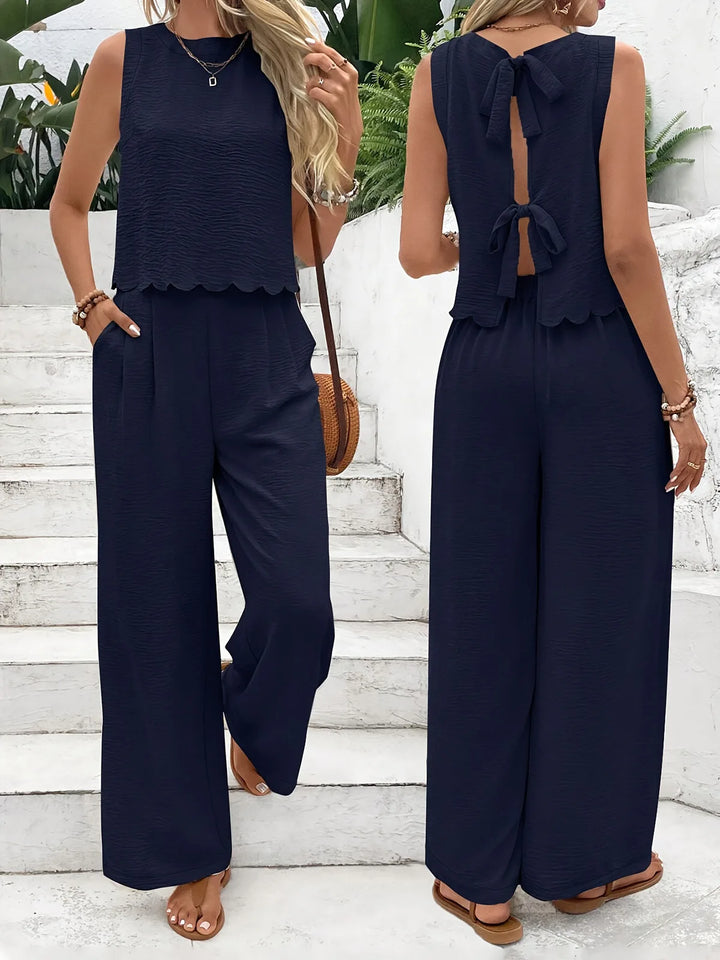 2025 Summer Women's Two Piece Set Fashion Sleeveless Vest Casual Trousers Set New Lace Up Top And Wide Leg Pants Women Clothing