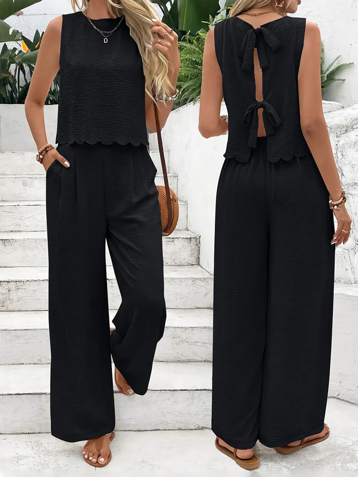 2025 Summer Women's Two Piece Set Fashion Sleeveless Vest Casual Trousers Set New Lace Up Top And Wide Leg Pants Women Clothing