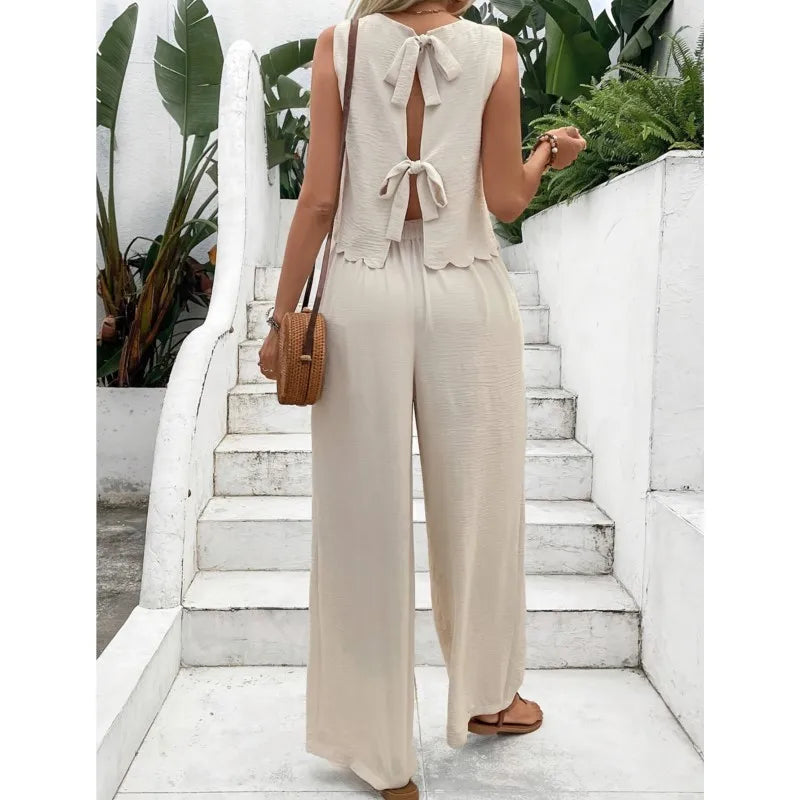 2025 Summer Women's Two Piece Set Fashion Sleeveless Vest Casual Trousers Set New Lace Up Top And Wide Leg Pants Women Clothing