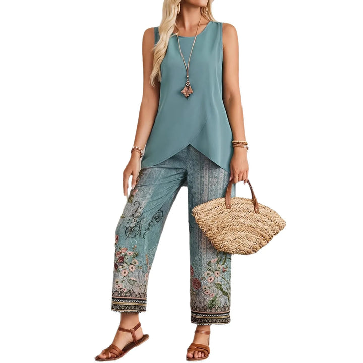 Fashionable Sleeveless Asymmetric Vest Pants Set 2026 New Women's Cross-Border Clothing Plant Floral Print Elegant Commute Style