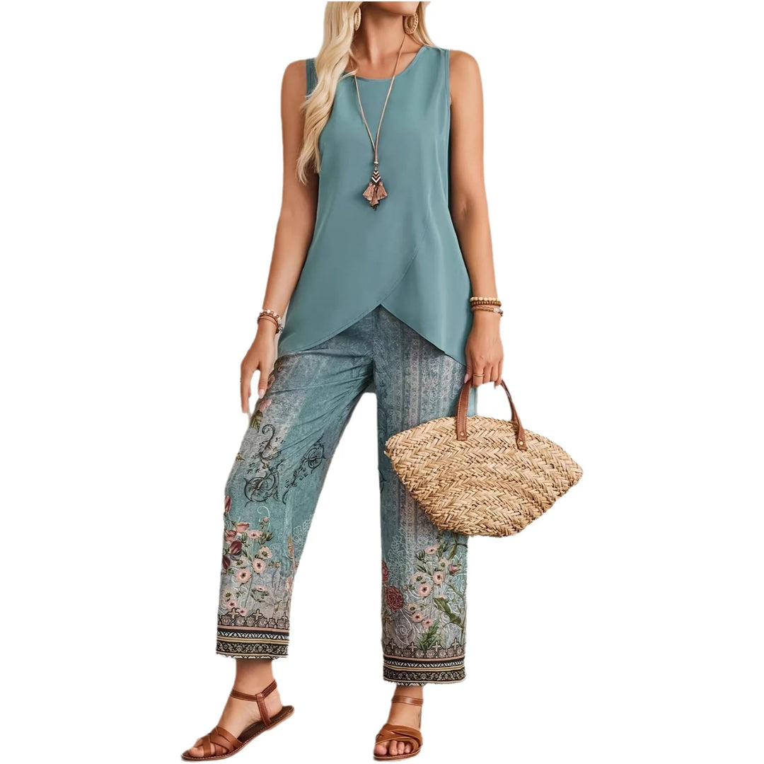 Fashionable Sleeveless Asymmetric Vest Pants Set 2026 New Women's Cross-Border Clothing Plant Floral Print Elegant Commute Style
