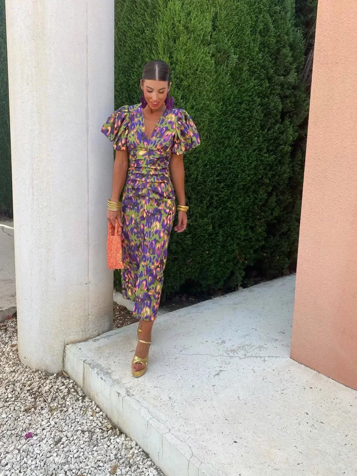 Loren - Vibrant Midi Dress with Puff Sleeves