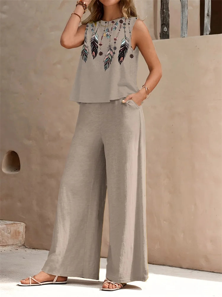 Retro Fashion Floral Fashion Casual Women's 2pcs Set, Urban Street Sleeveless Round-neck Top And Long Pants Fashion Set