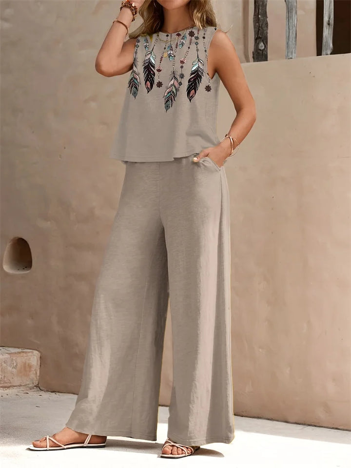 Retro Fashion Floral Fashion Casual Women's 2pcs Set, Urban Street Sleeveless Round-neck Top And Long Pants Fashion Set