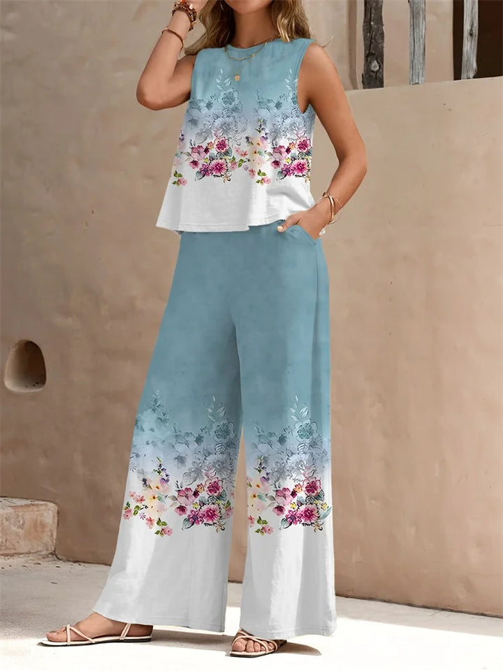 Retro Fashion Floral Fashion Casual Women's 2pcs Set, Urban Street Sleeveless Round-neck Top And Long Pants Fashion Set