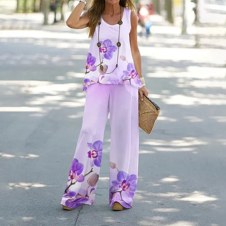 Women Print Suit Pullover Sleeveless Round Neck Top Wide Leg Pants Set Two Piece Set New Loose Casual Women's Clothing Summer