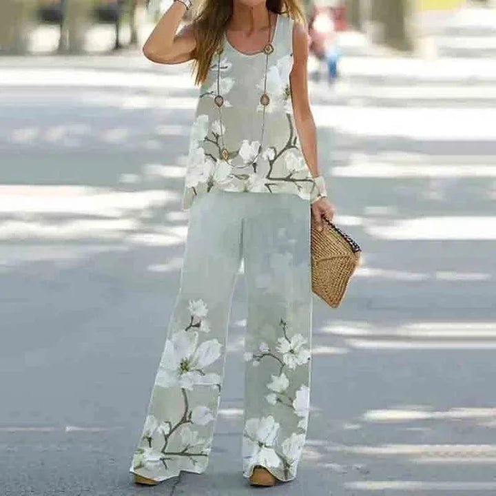 Women Print Suit Pullover Sleeveless Round Neck Top Wide Leg Pants Set Two Piece Set New Loose Casual Women's Clothing Summer