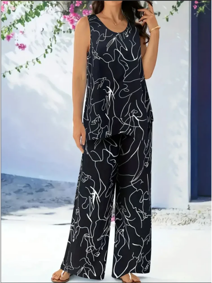Women's Sleeveless Vest Straight Leg Pants Set Female Printed Black Sleeve Loose Pants Trendy Summer Casual Set