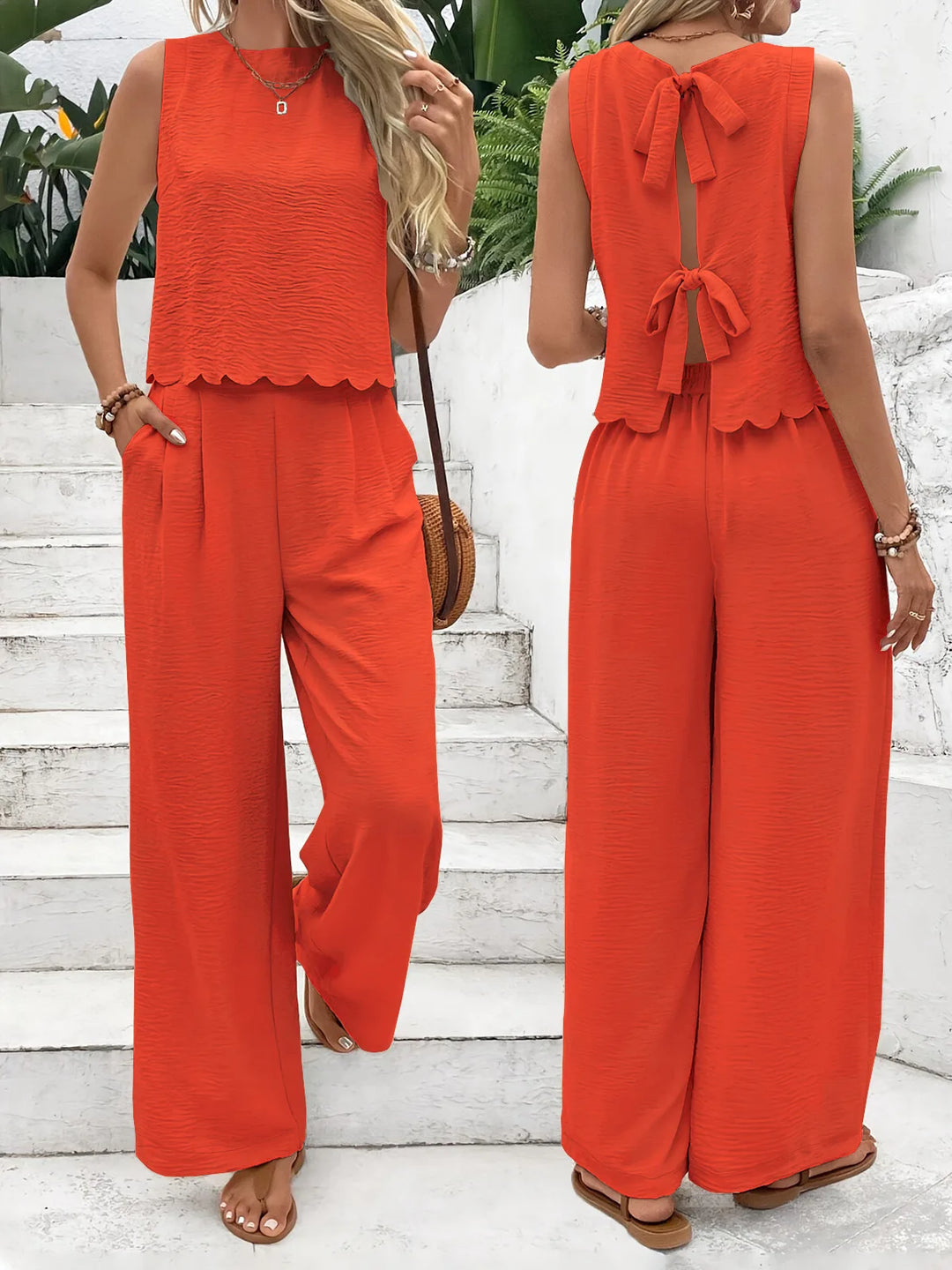 2025 Summer Women's Two Piece Set Fashion Sleeveless Vest Casual Trousers Set New Lace Up Top And Wide Leg Pants Women Clothing