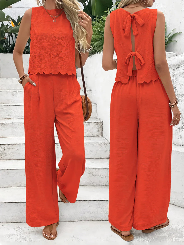 2025 Summer Women's Two Piece Set Fashion Sleeveless Vest Casual Trousers Set New Lace Up Top And Wide Leg Pants Women Clothing