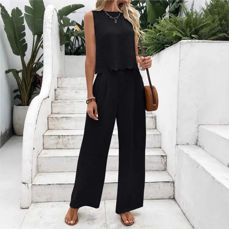 2025 Summer Women's Two Piece Set Fashion Sleeveless Vest Casual Trousers Set New Lace Up Top And Wide Leg Pants Women Clothing