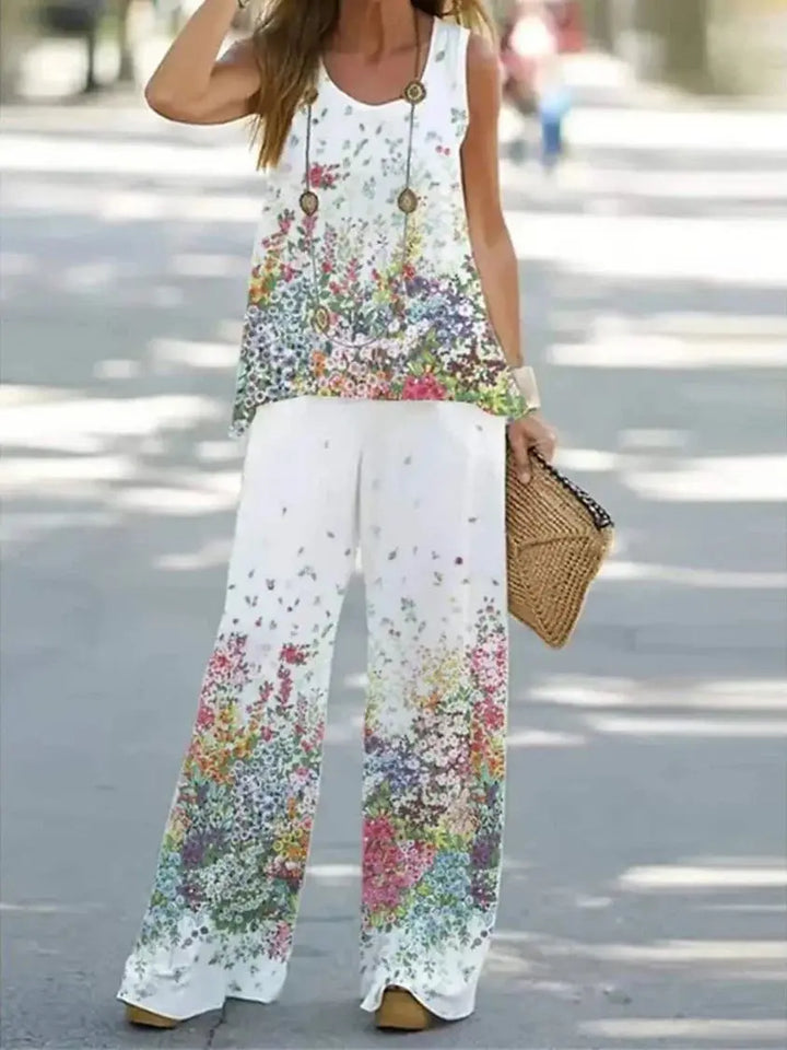 Women Print Suit Pullover Sleeveless Round Neck Top Wide Leg Pants Set Two Piece Set New Loose Casual Women's Clothing Summer
