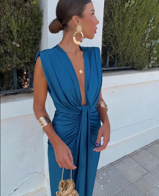Selena - Elegant Fiery Drape Wedding Guest Maxi Dress