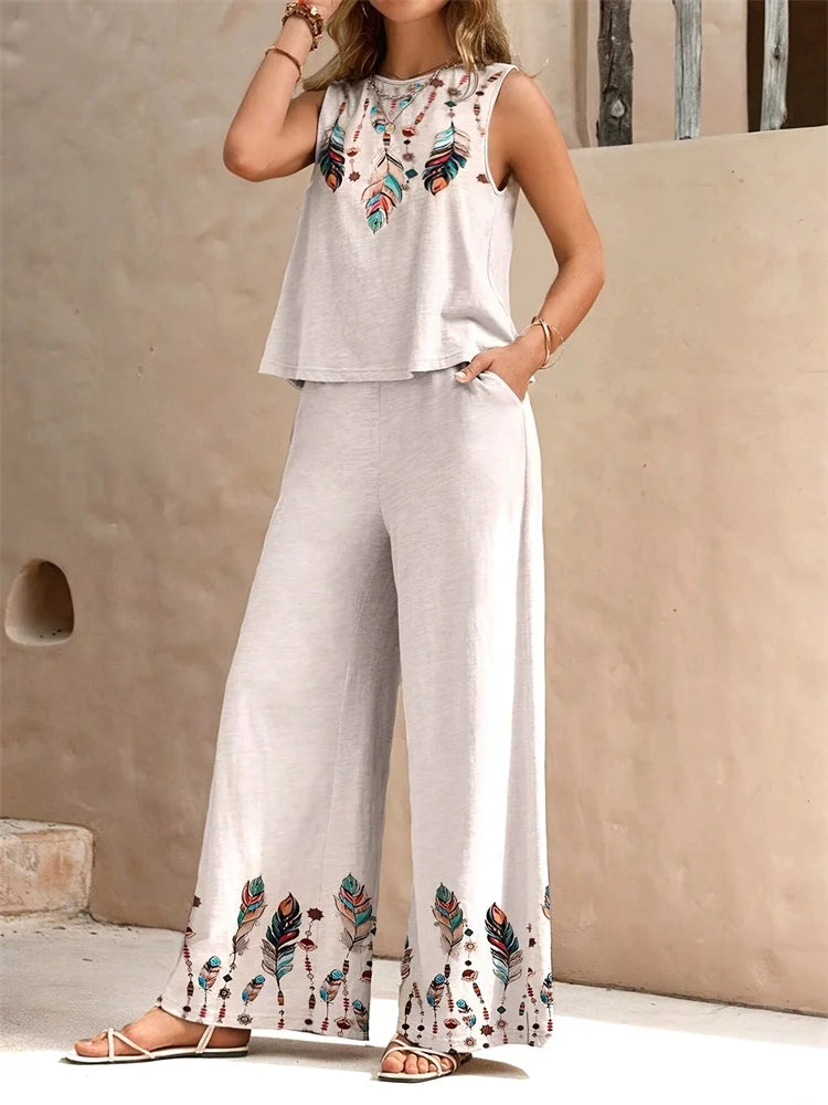 Retro Fashion Floral Fashion Casual Women's 2pcs Set, Urban Street Sleeveless Round-neck Top And Long Pants Fashion Set