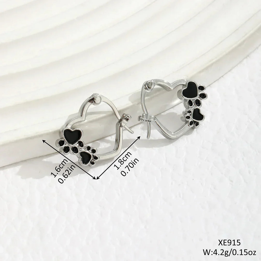 Huggie Earrings with Heart and Black Enamel