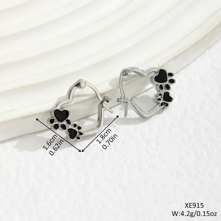 Huggie Earrings with Heart and Black Enamel