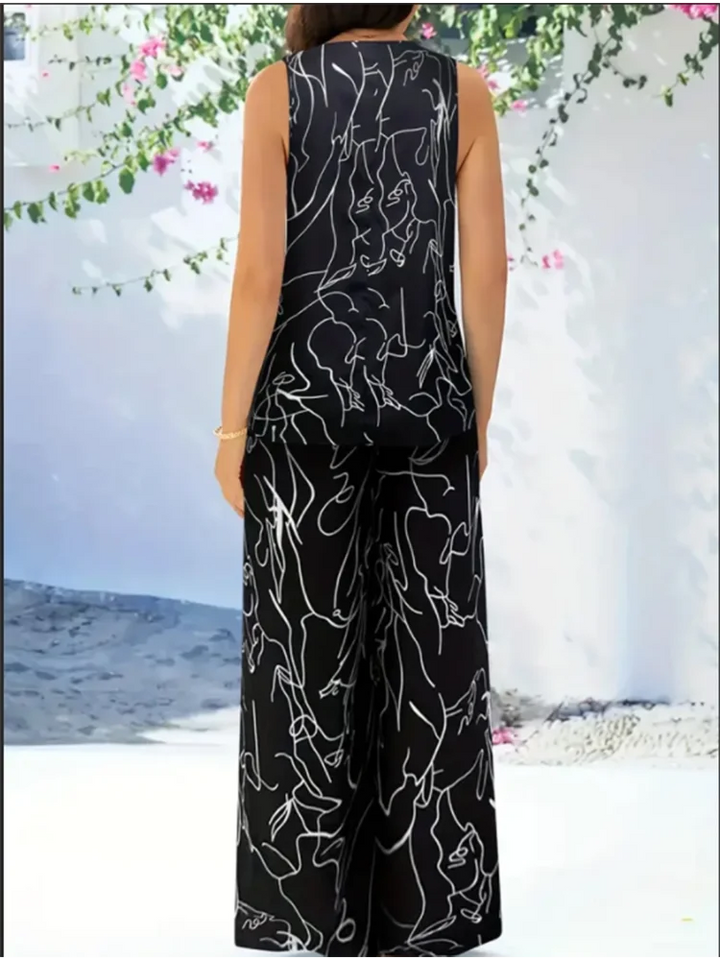 Women's Sleeveless Vest Straight Leg Pants Set Female Printed Black Sleeve Loose Pants Trendy Summer Casual Set