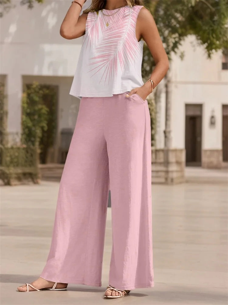 Retro Fashion Floral Fashion Casual Women's 2pcs Set, Urban Street Sleeveless Round-neck Top And Long Pants Fashion Set