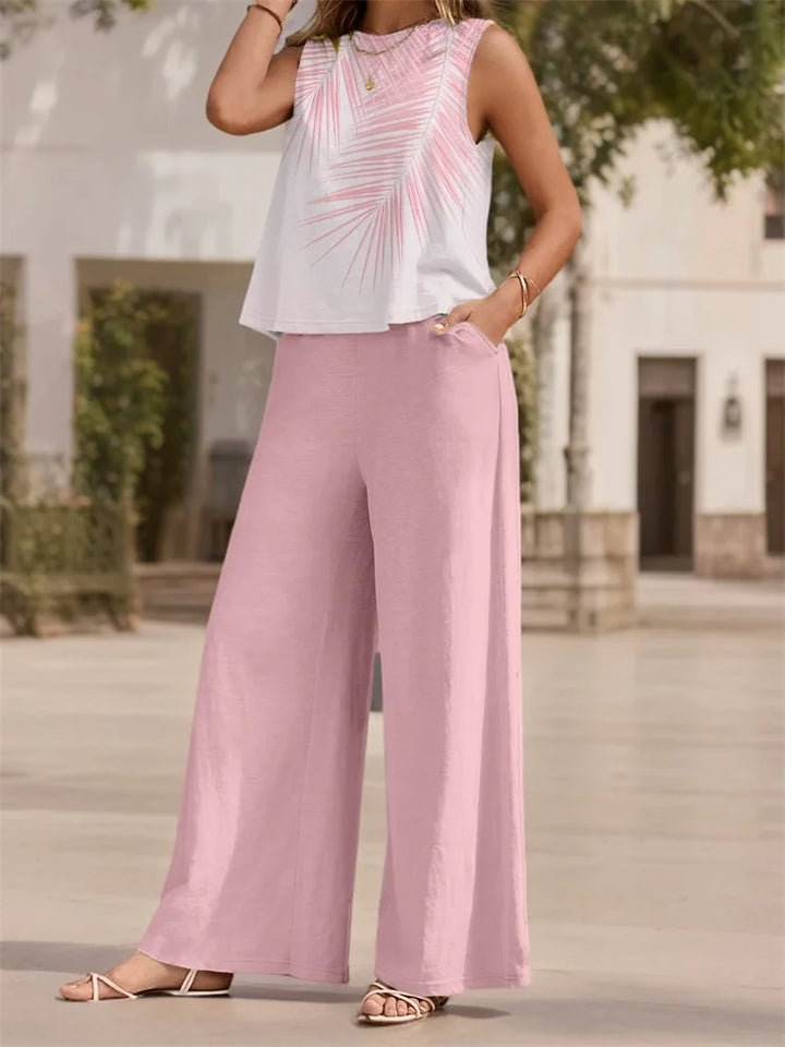 Retro Fashion Floral Fashion Casual Women's 2pcs Set, Urban Street Sleeveless Round-neck Top And Long Pants Fashion Set