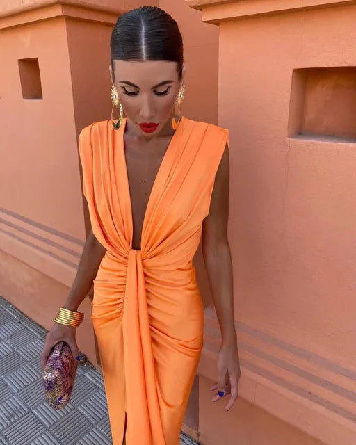 Selena - Elegant Fiery Drape Wedding Guest Maxi Dress