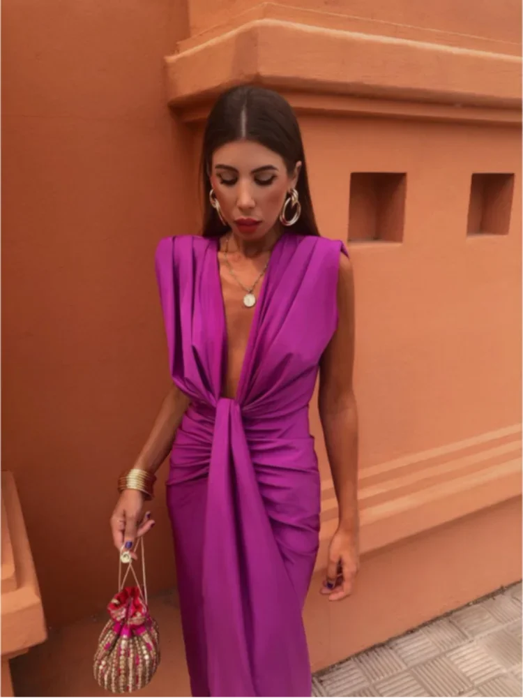 Selena - Elegant Fiery Drape Wedding Guest Maxi Dress